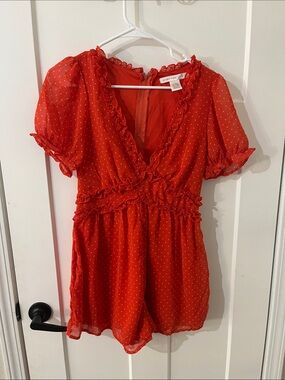Reformation Red Polka Dot Ruffle V-Neck Playsuit